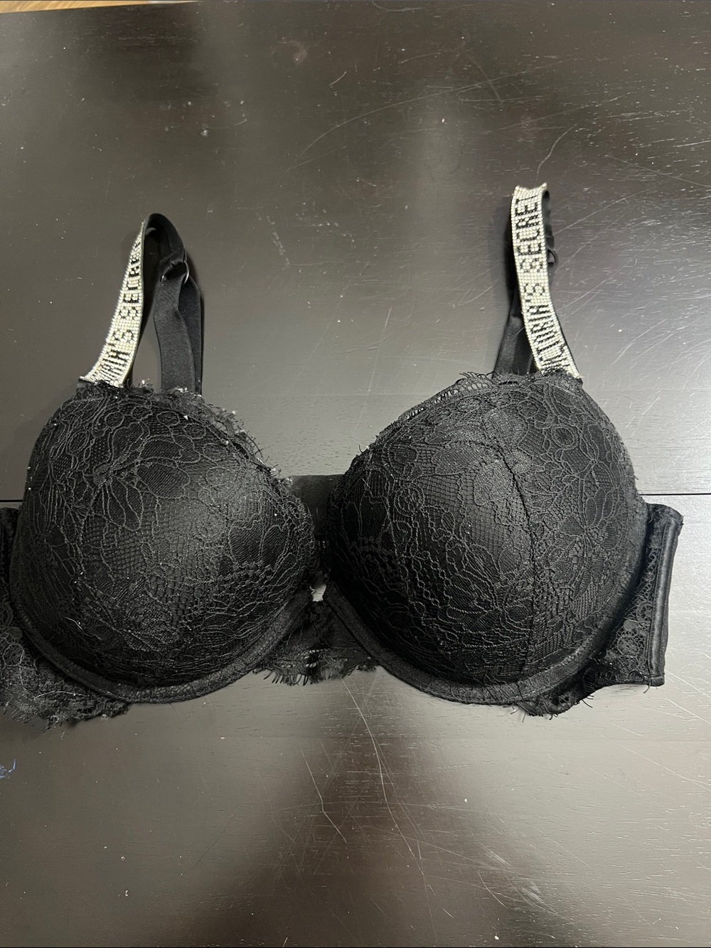 Victoria's Secret Black Lace Bombshell Push-Up Bra with Logo Straps